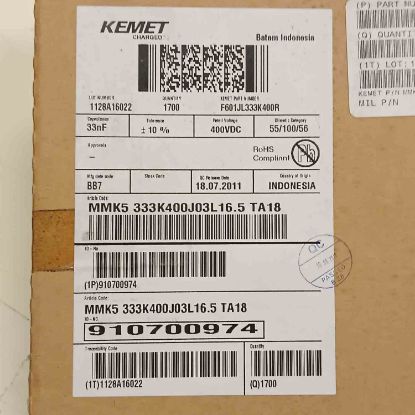 MMK5 333K400J03L16.5 TA18 33NF 400V 5 0.1 KEMET POLYESTER KONDANSATÖR resmi