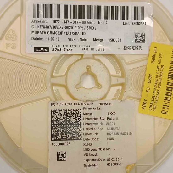 GRM033R71A472KA010 4.7NF 10V 603 SMD SERAMİK KONDANSATÖR resmi